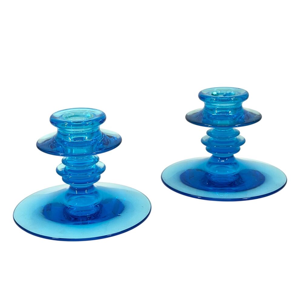 Vintage 60s Cerulean Art Glass Tiered Stem Mid Century Candlestick Holders